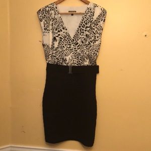 Animal-print top, deep-V, sleeveless, left-side zipper, classy cocktail dress -